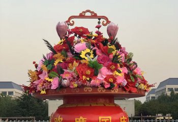 花籃雕塑-天安門春節玻璃鋼彩繪歡度國慶花籃雕塑