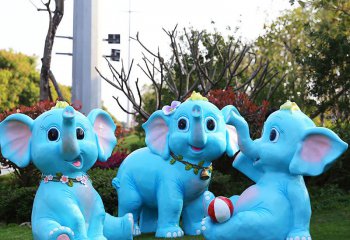 大象雕塑-公園戶外玻璃鋼卡通三只玩耍的玻璃鋼藍(lán)色大象雕塑