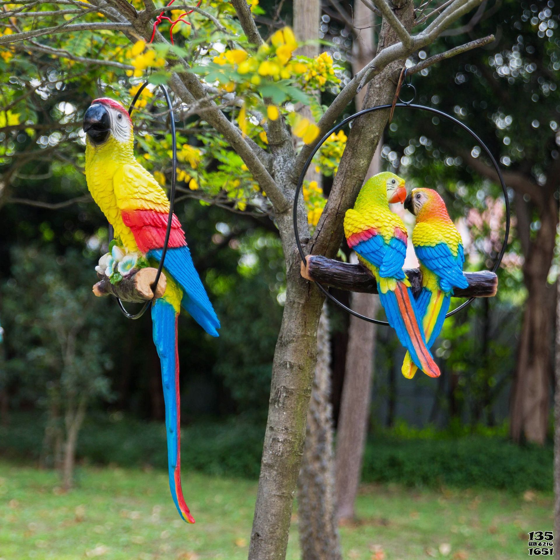 鸚鵡雕塑-花園廣場上玻璃鋼仿真動物鸚鵡雕塑高清圖片