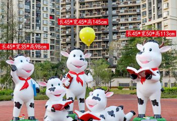 牛雕塑-幼兒園擺放一群看書(shū)的玻璃鋼牛雕塑