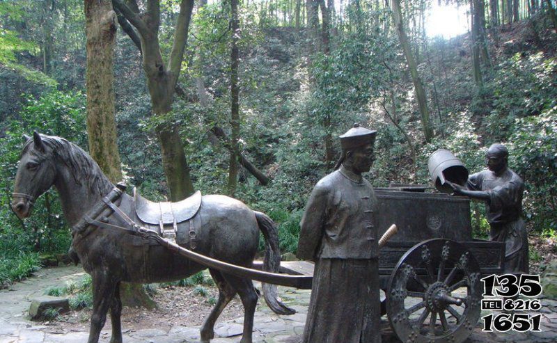 馬車雕塑-景區商業街擺放做舊仿古兒童打水青銅馬車雕塑高清圖片